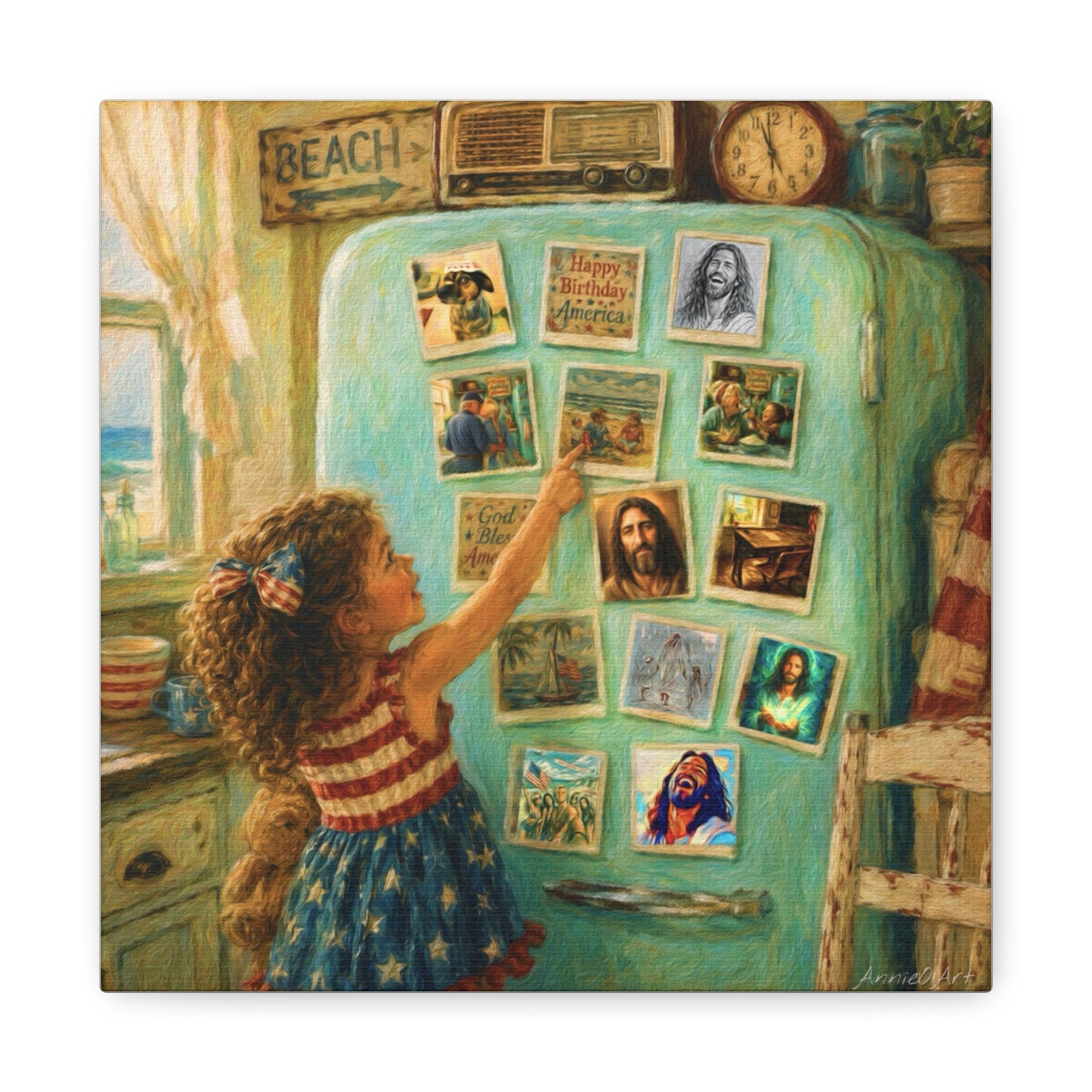 Americana Canvas Wall Art — Little Girl Pointing at Magnets on Vintage Fridge (Matte Stretched)