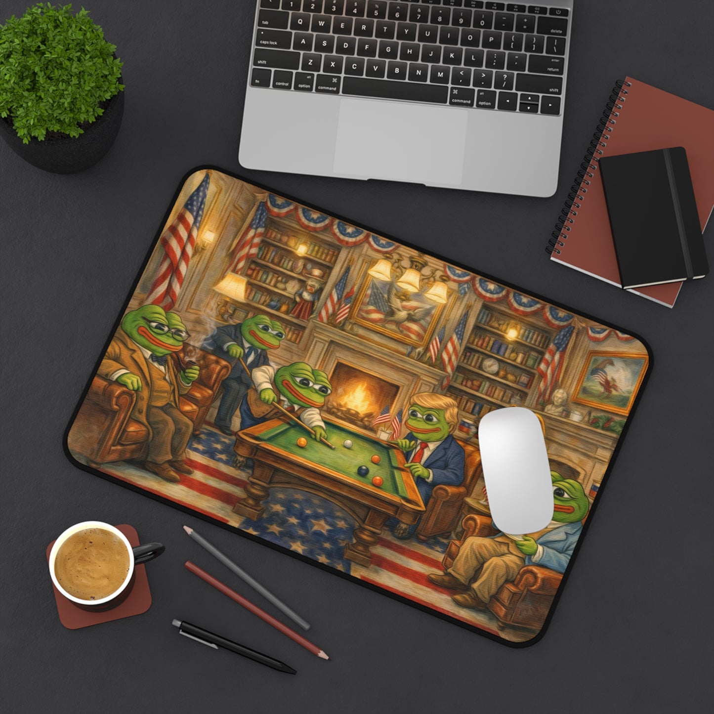 Desk Mat — Patriotic Pepe Frog & Trump playing pool,Gaming/Office Desk Mat with 'Pepe' Club Portrait