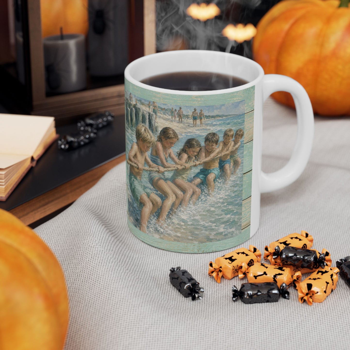 Beach Vintage-style Ceramic Mug – Tug-of-War by the Sea (11oz, 15oz)