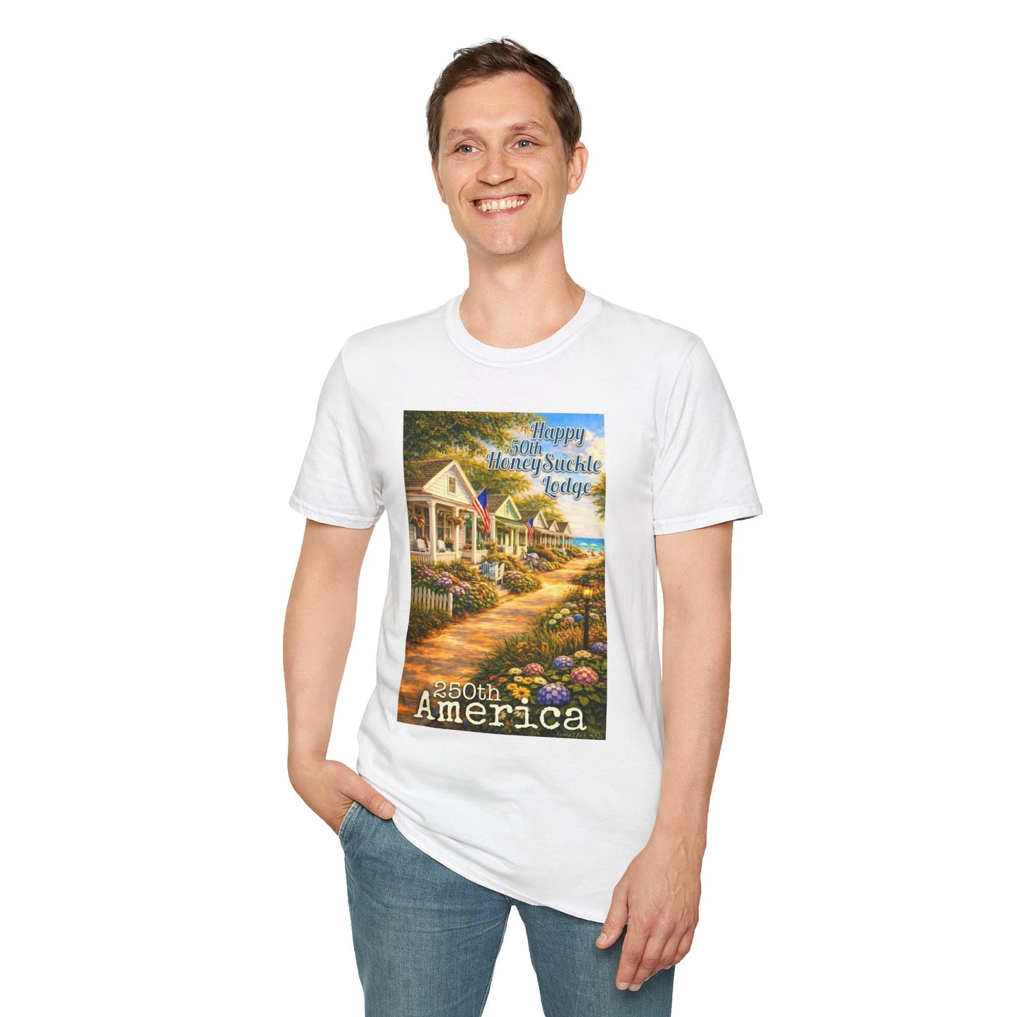 HoneySuckle Lodge 50th—America 250th Bungalow Path T-Shirt —Front & Back Design- Happy 250th Anniversary USA Patriotic Tee