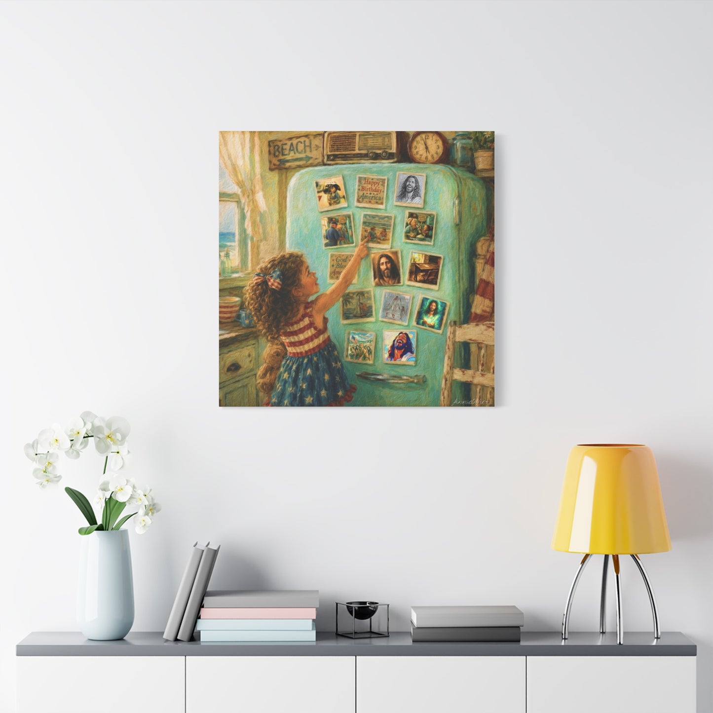 Americana Canvas Wall Art — Little Girl Pointing at Magnets on Vintage Fridge (Matte Stretched)