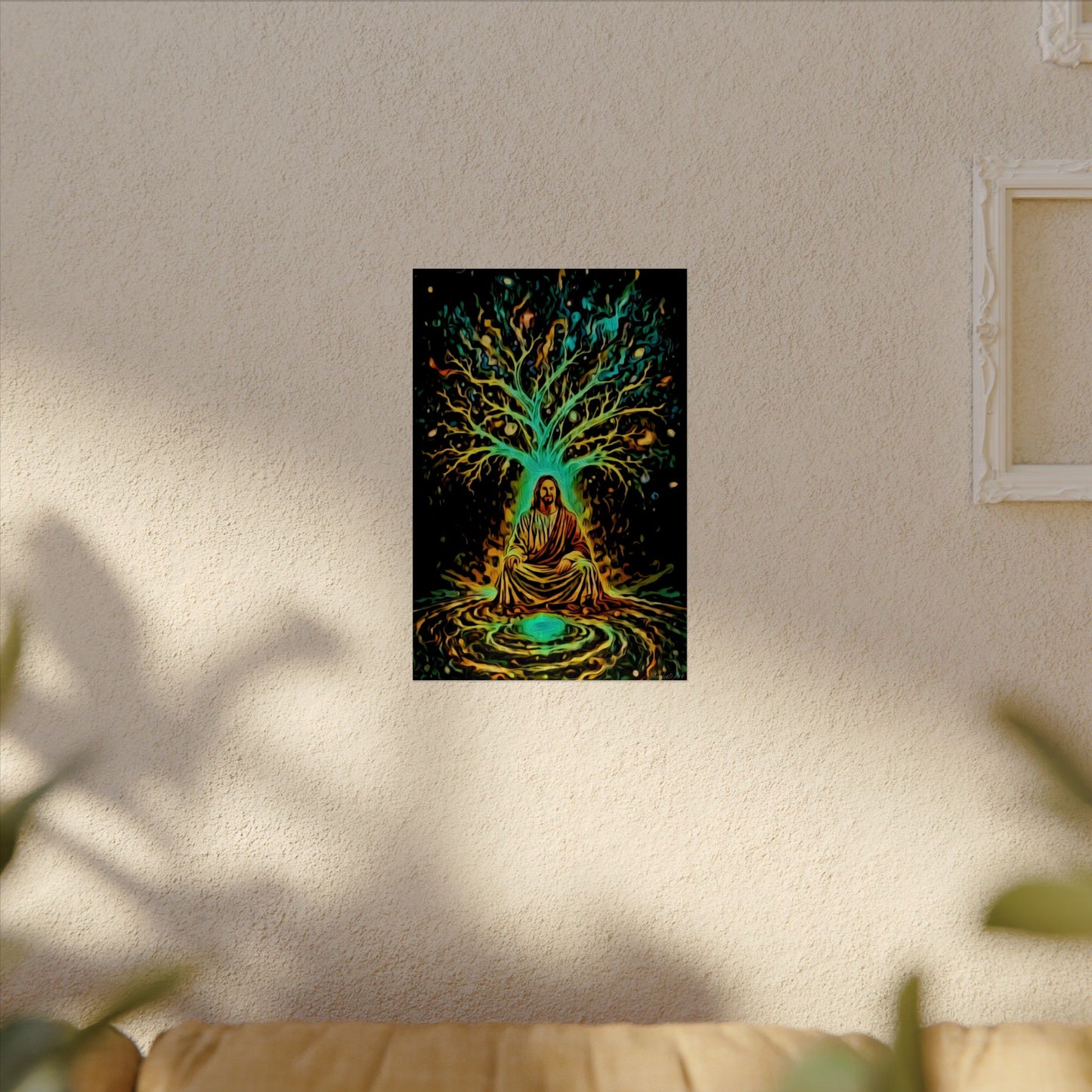 Spiritual Jesus Tree Watercolor Poster — Textured Matte Wall Art