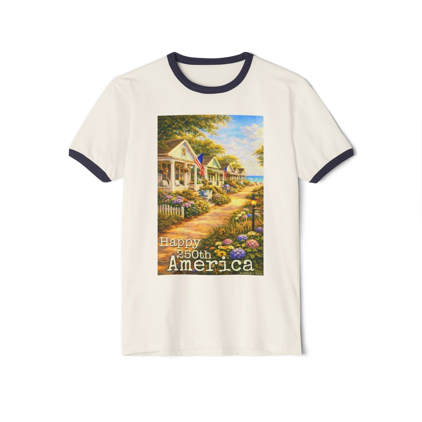 America 250th—4th of July Cottage Scene Ringer Tee