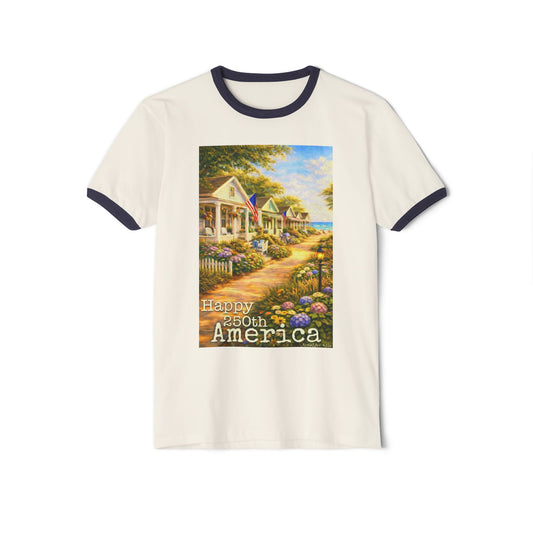 America 250th—4th of July Cottage Scene Ringer Tee
