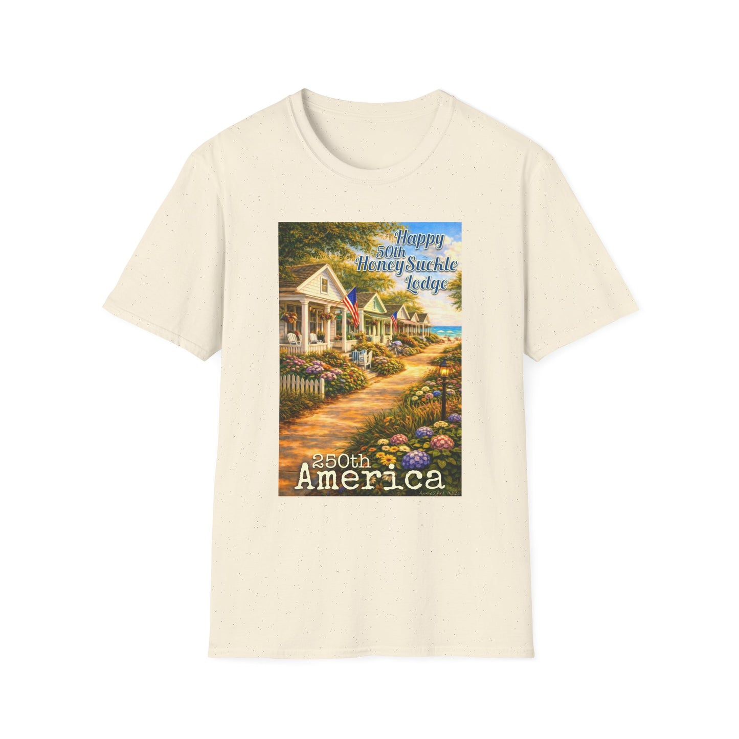 HoneySuckle Lodge 50th—America 250th Bungalow Path T-Shirt —Front & Back Design- Happy 250th Anniversary USA Patriotic Tee