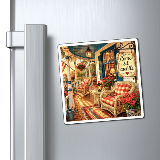 Porch Welcome Magnet — "Come Sit Awhile" Rustic Home Décor Fridge Magnet