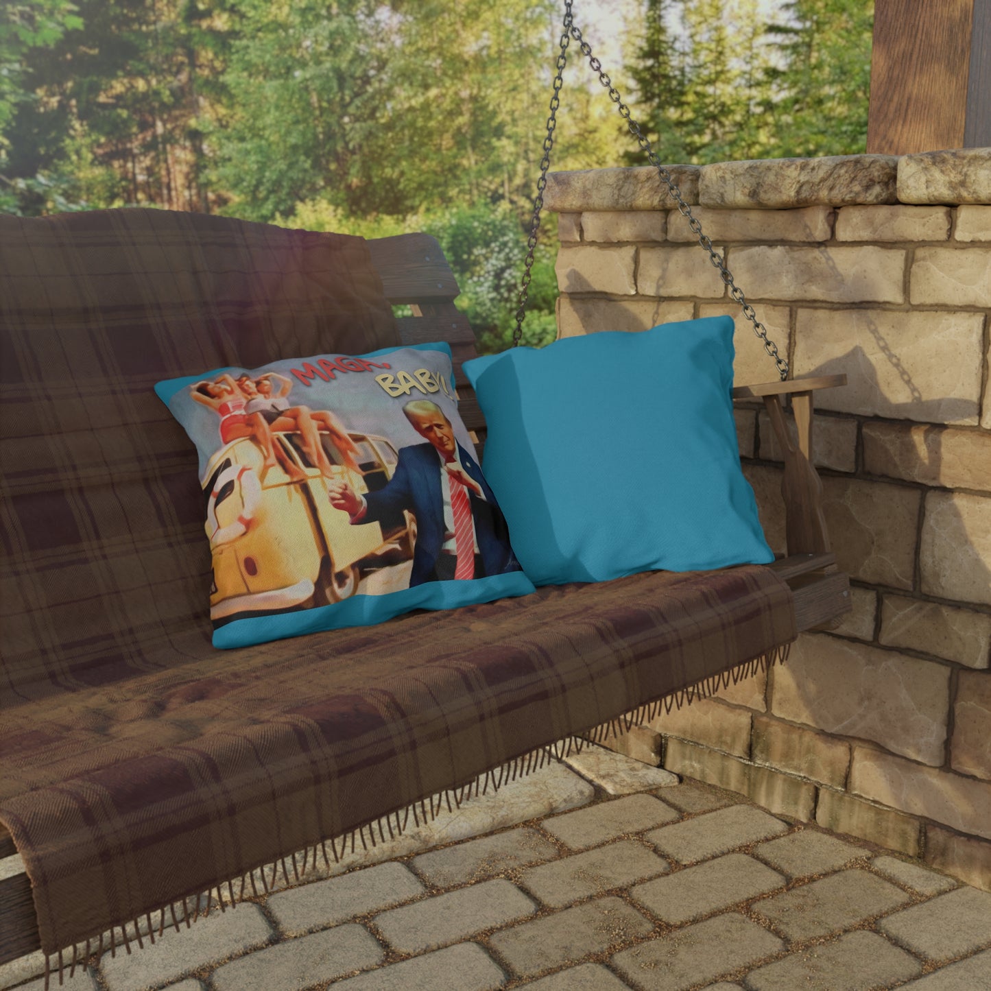 Political Graphic Outdoor Pillow — "MAGA, Baby!" Retro Beach Design