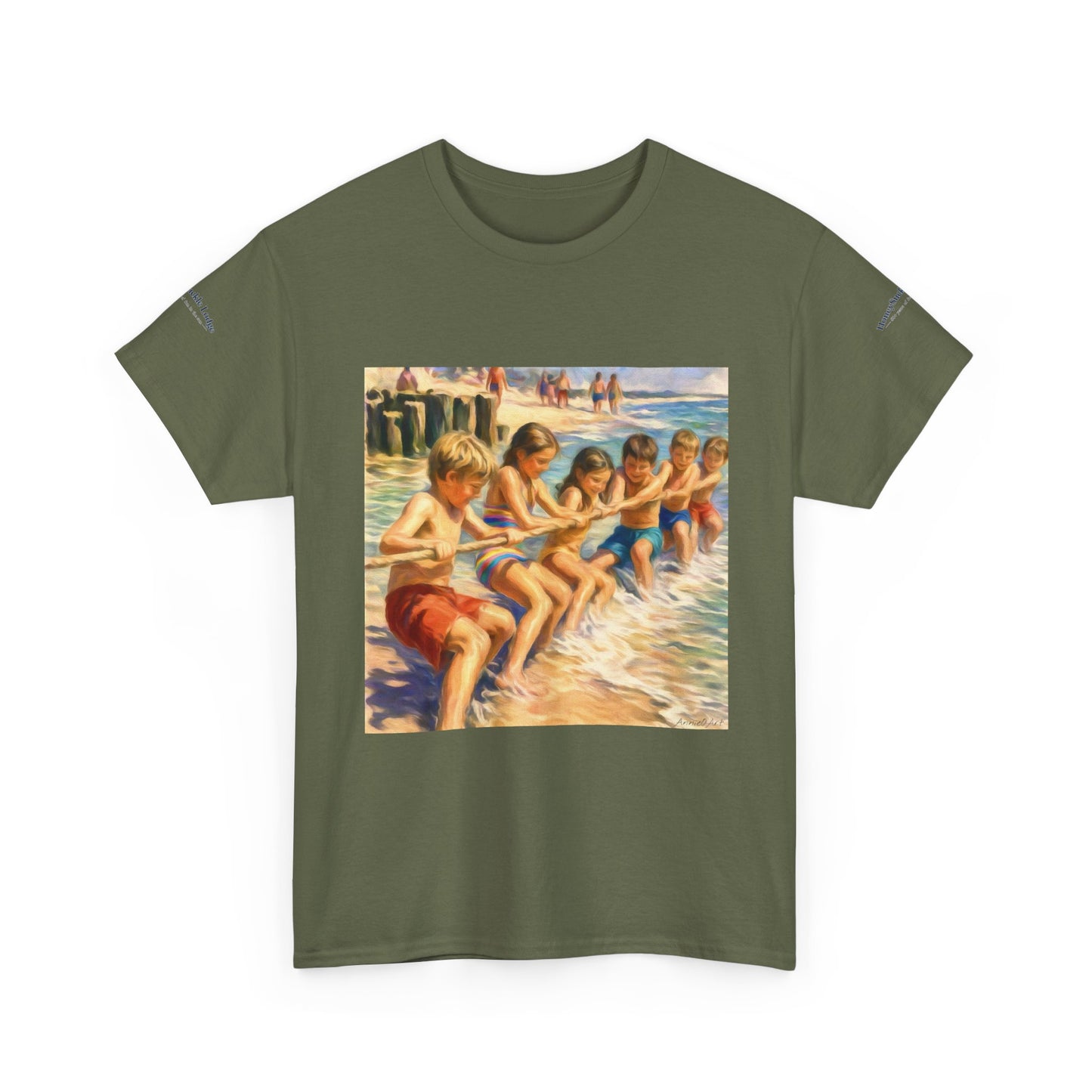 Honeysuckle Lodge Vintage Beach Print tee shirt front/back ("Honeysuckle Lodge - 50+ years of fun in the sun")