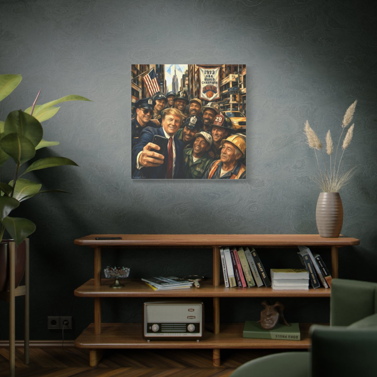 Trump Selfie w/City Workers Canvas Wall Art — Patriotic Urban Selfie Scene