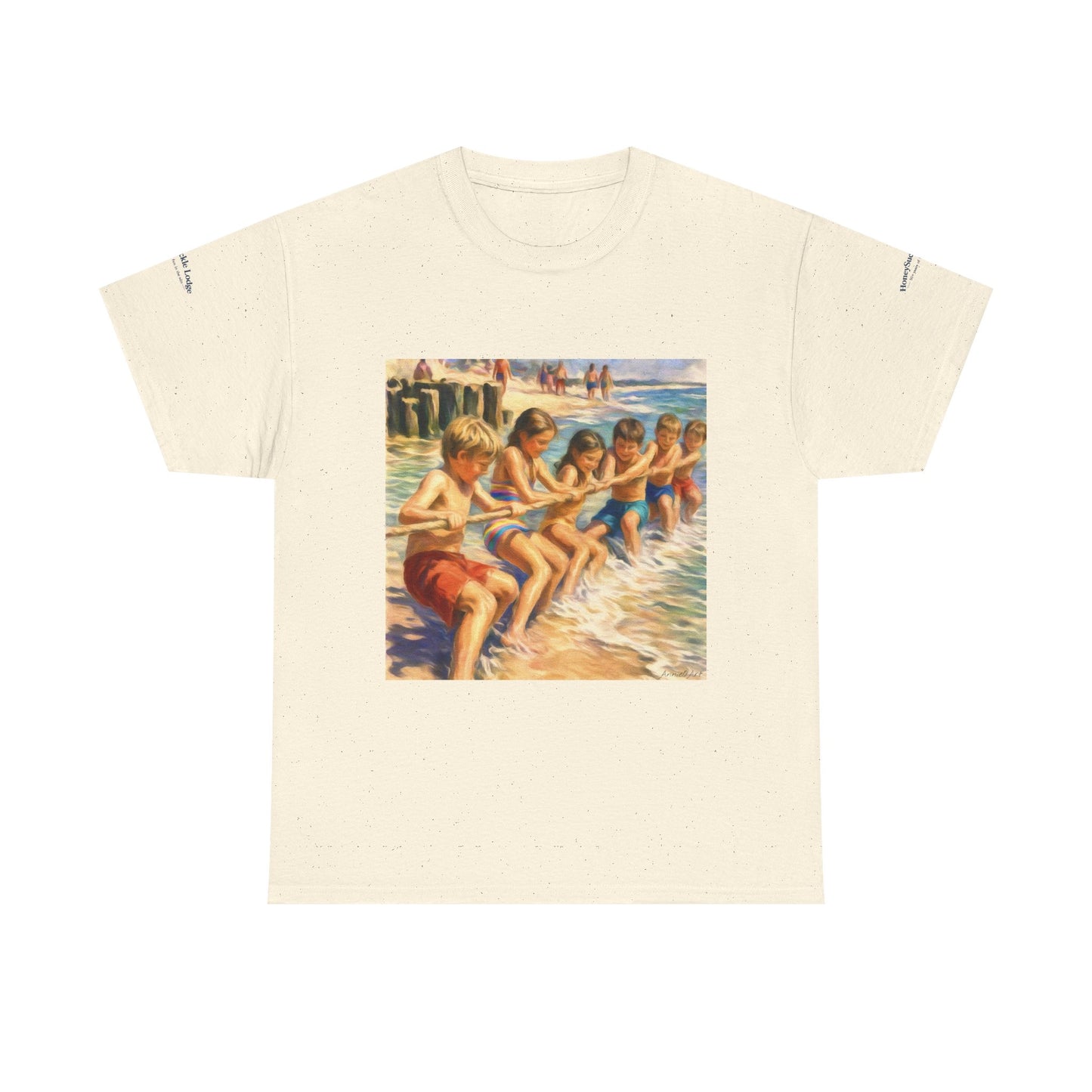 Honeysuckle Lodge Vintage Beach Print tee shirt front/back ("Honeysuckle Lodge - 50+ years of fun in the sun")