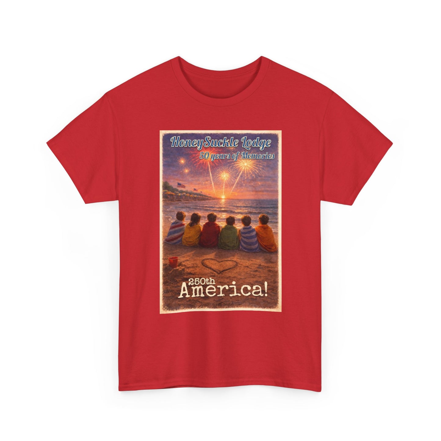 HoneySuckle Lodge 50th—Patriotic Sunset Beach T‑Shirt – 'God Bless America' Vintage Kids Watching Fireworks