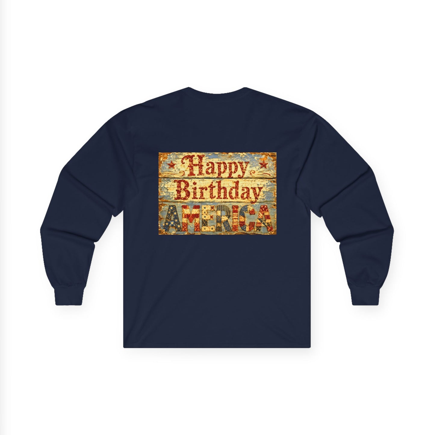 Long Sleeve Tee Front & Back Design — Vintage Americana Beach Scene & “Happy Birthday America”