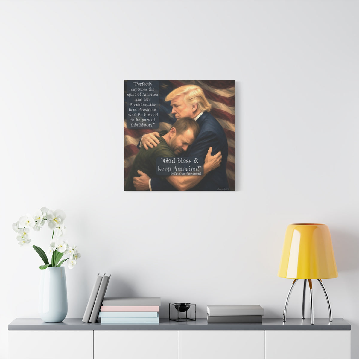 Trump Embrace Patriotic Canvas Wall Art — "God Bless & Keep America"