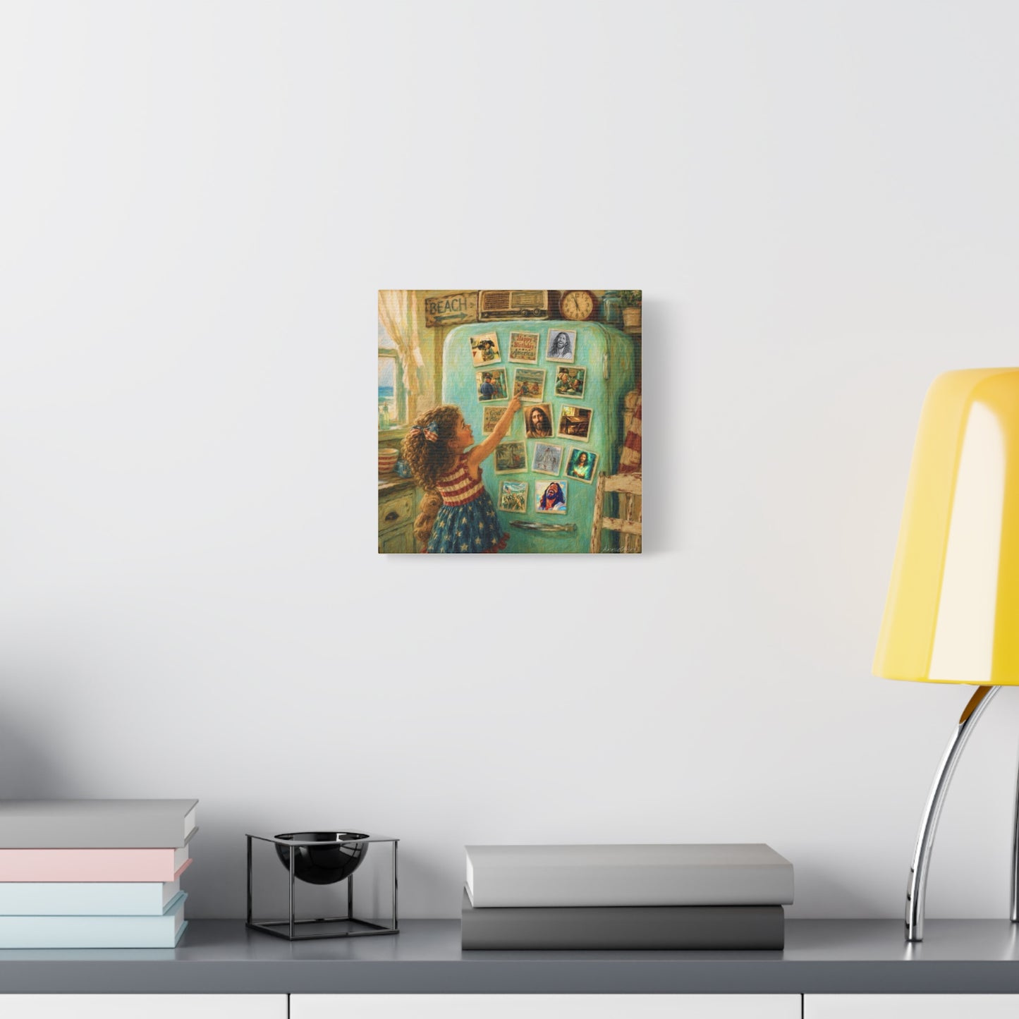 Americana Canvas Wall Art — Little Girl Pointing at Magnets on Vintage Fridge (Matte Stretched)