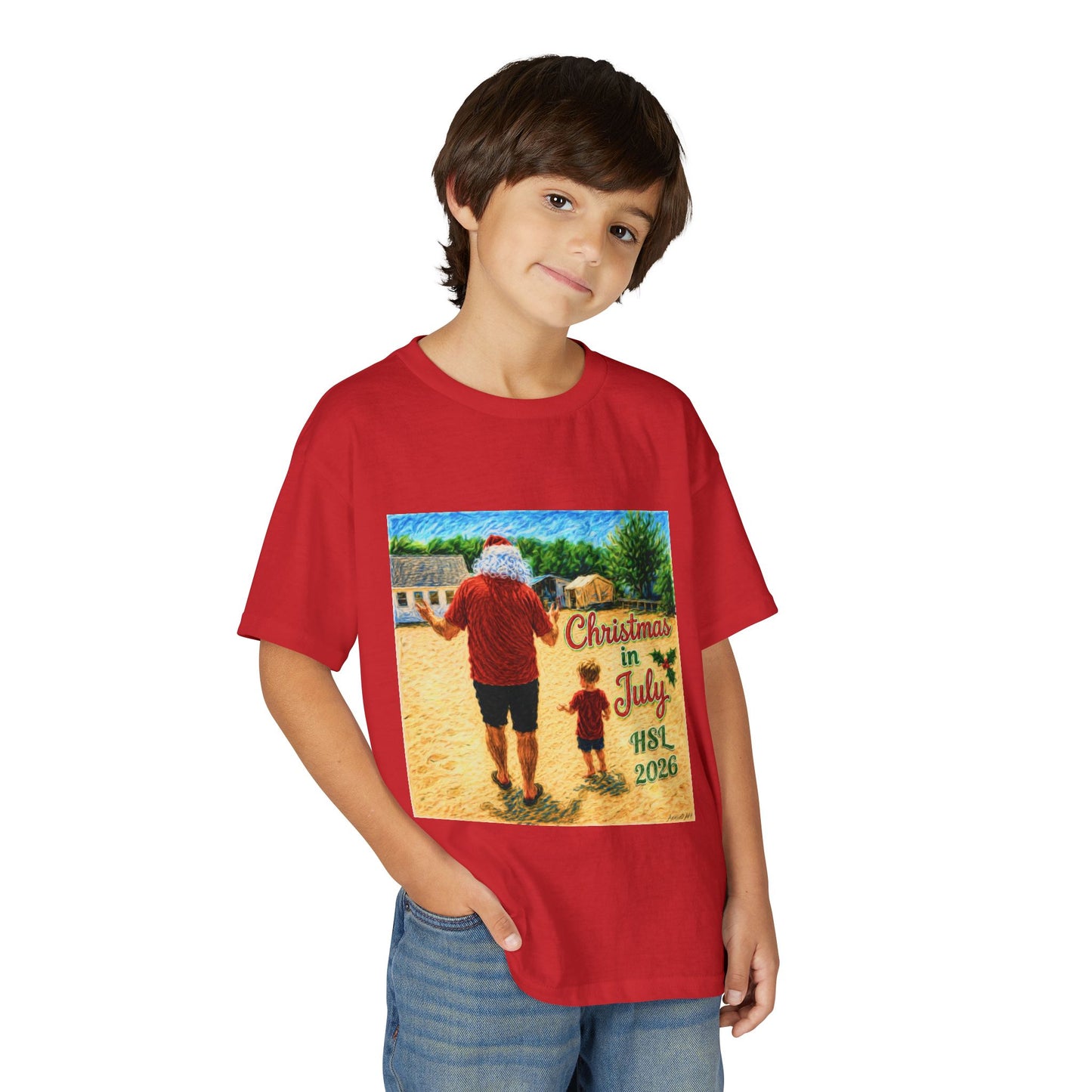 Youth T-Shirt — "Christmas in July" Beach Santa Kids Tee (HSL 2026)