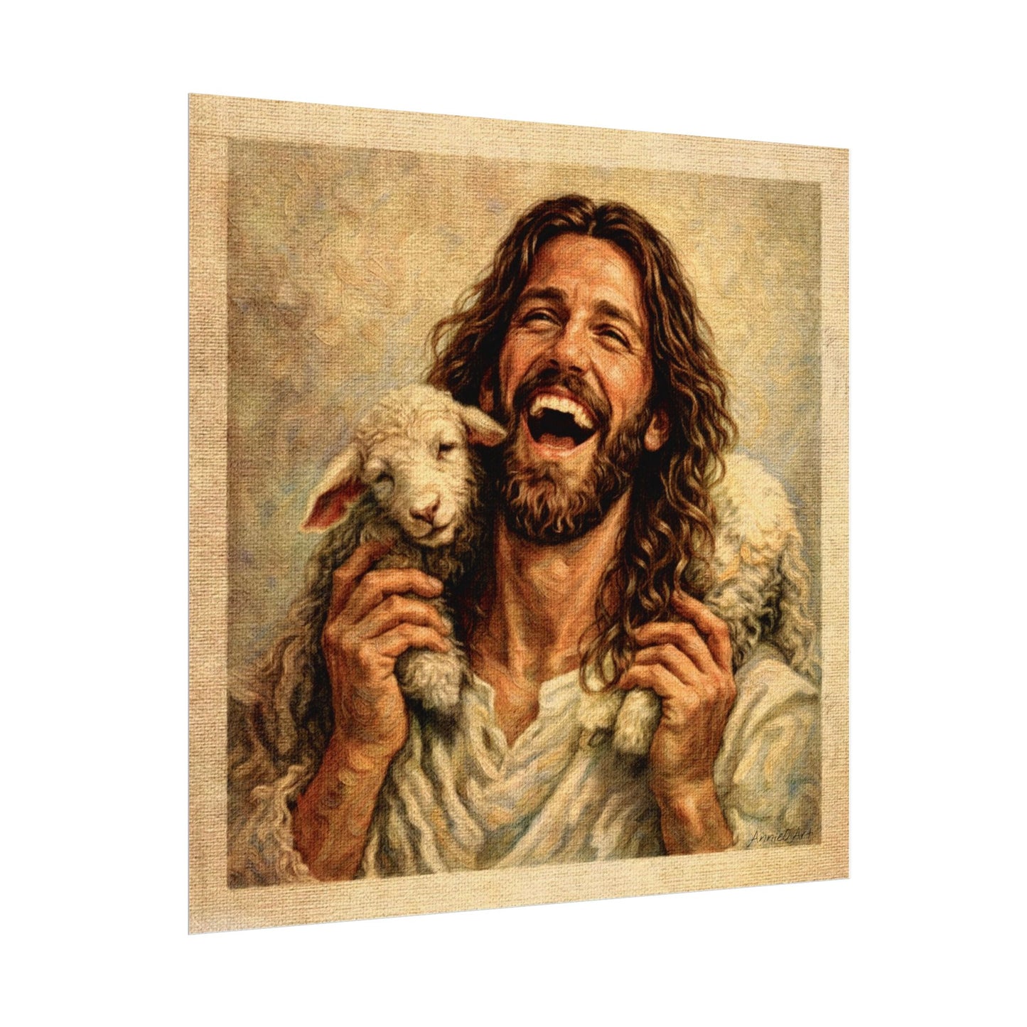 Jesus—Joyful Shepherd Lost Sheep Is Found Art Poster — Textured Watercolor Matte Christian Wall Art
