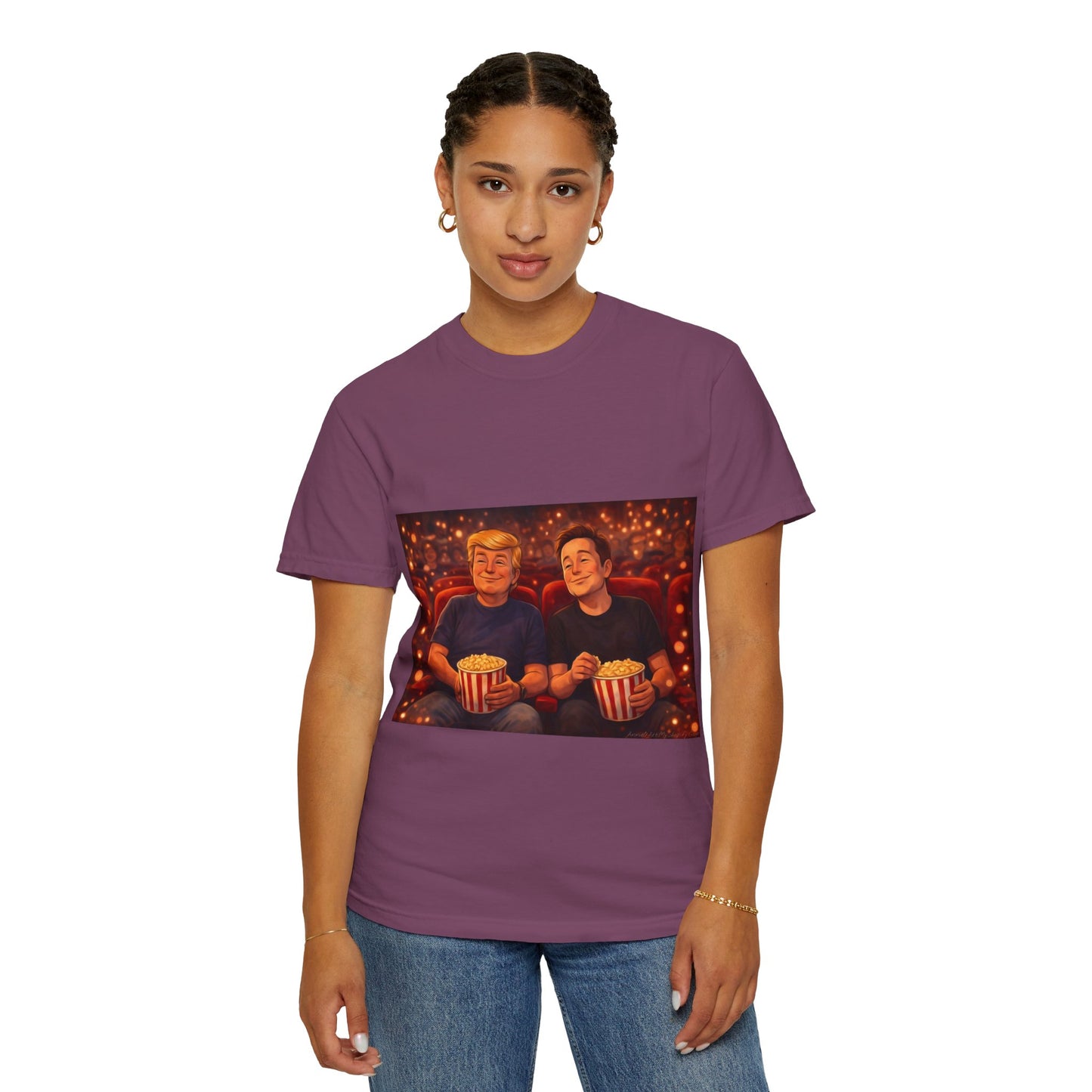 Trump & Elon—Movie Night Popcorn Tee — Cozy Cinematic Graphic T-Shirt