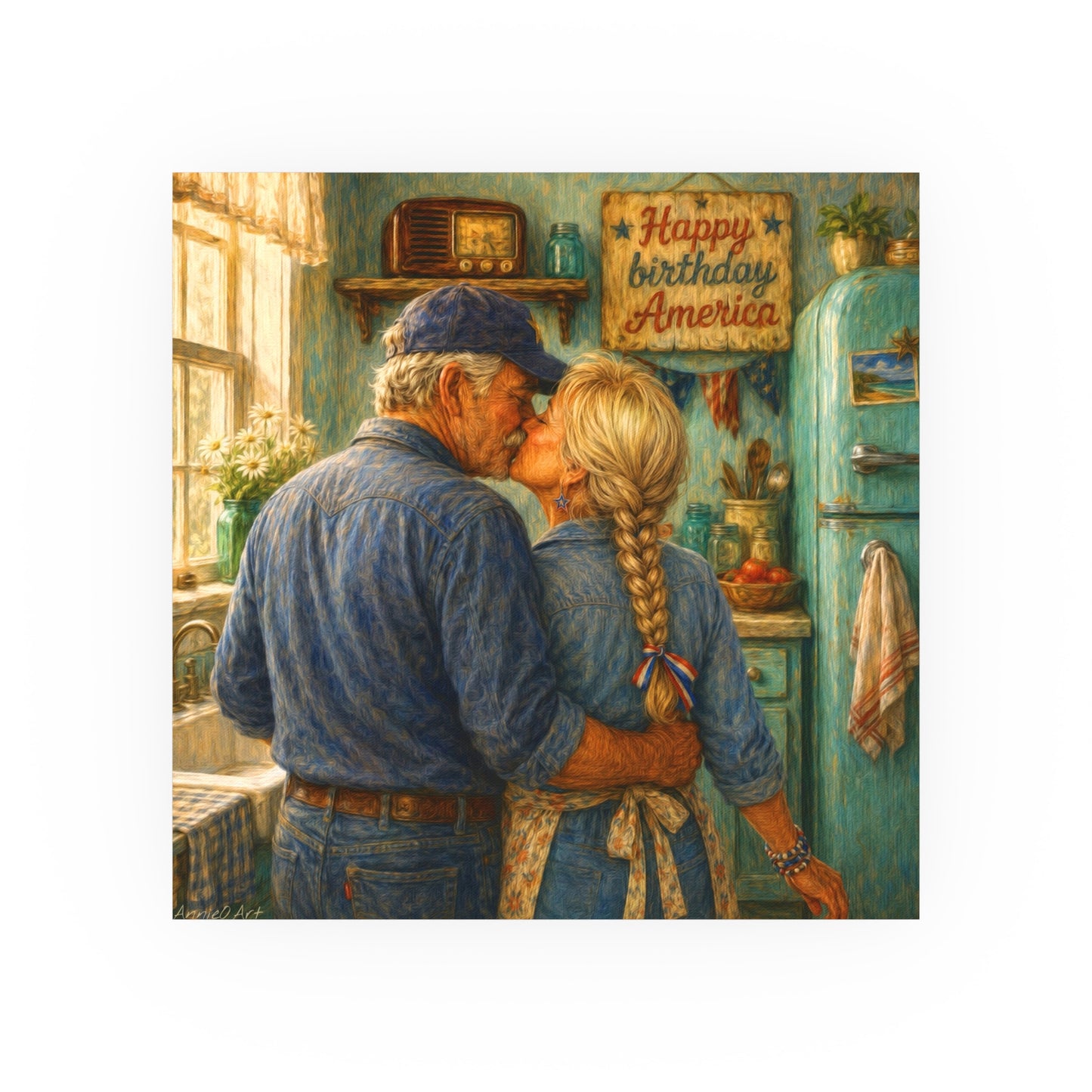 Romantic Country Kitchen Poster — Vintage Couple Kissing Satin/Matte Art Print