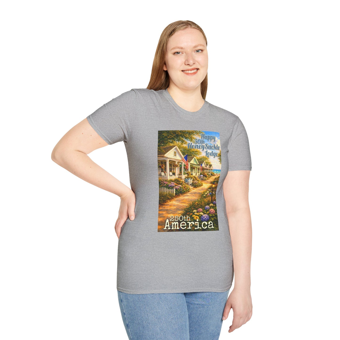 HoneySuckle Lodge 50th—America 250th Bungalow Path T-Shirt —Front & Back Design- Happy 250th Anniversary USA Patriotic Tee