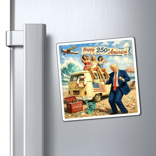 Trump Vintage Patriotic Beach Magnet — "Happy 250th America" Retro Summer Scene