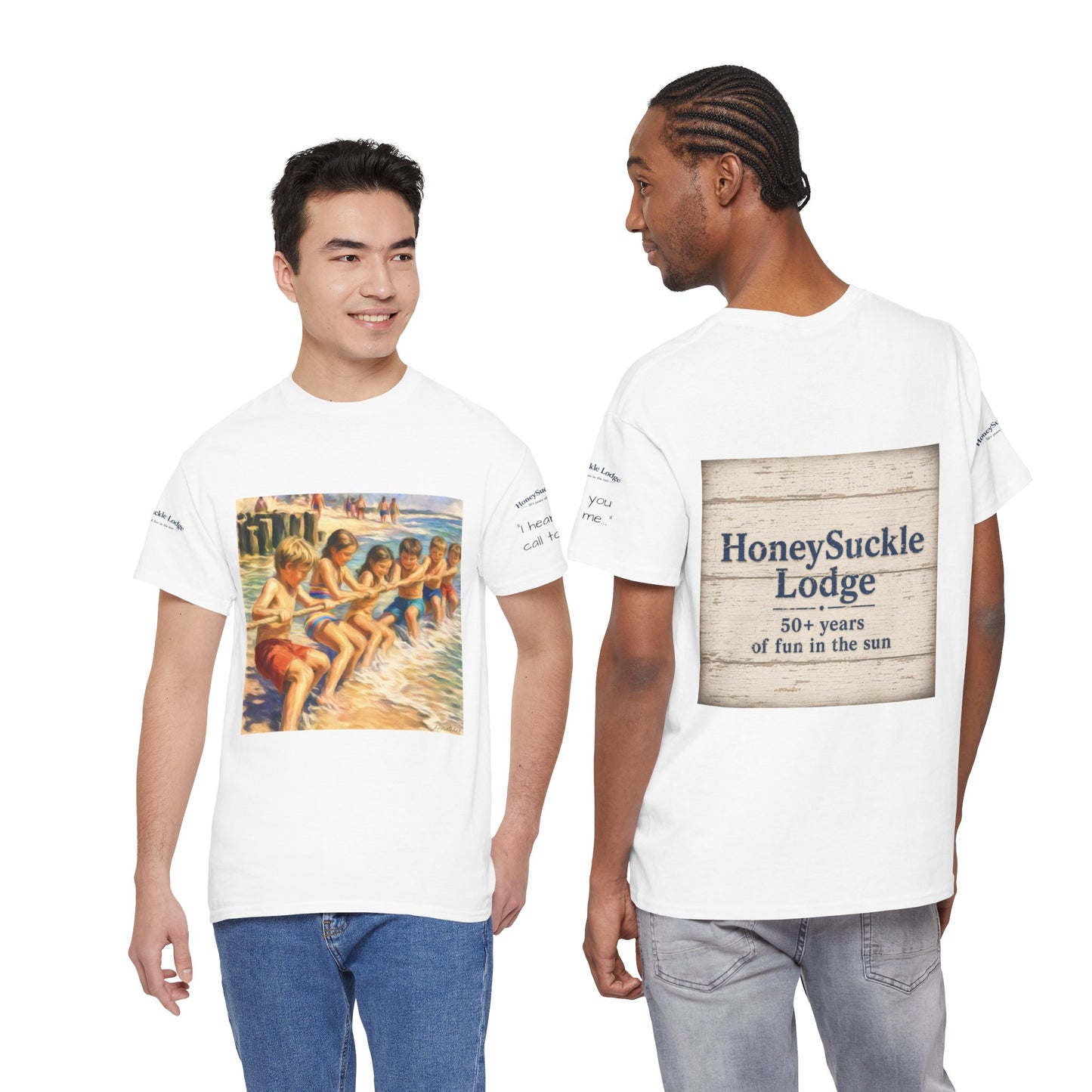 HoneySuckle Lodge Vintage Beach T-Shirt — "50+ years of fun in the sun" Retro Kids on Shore Design
