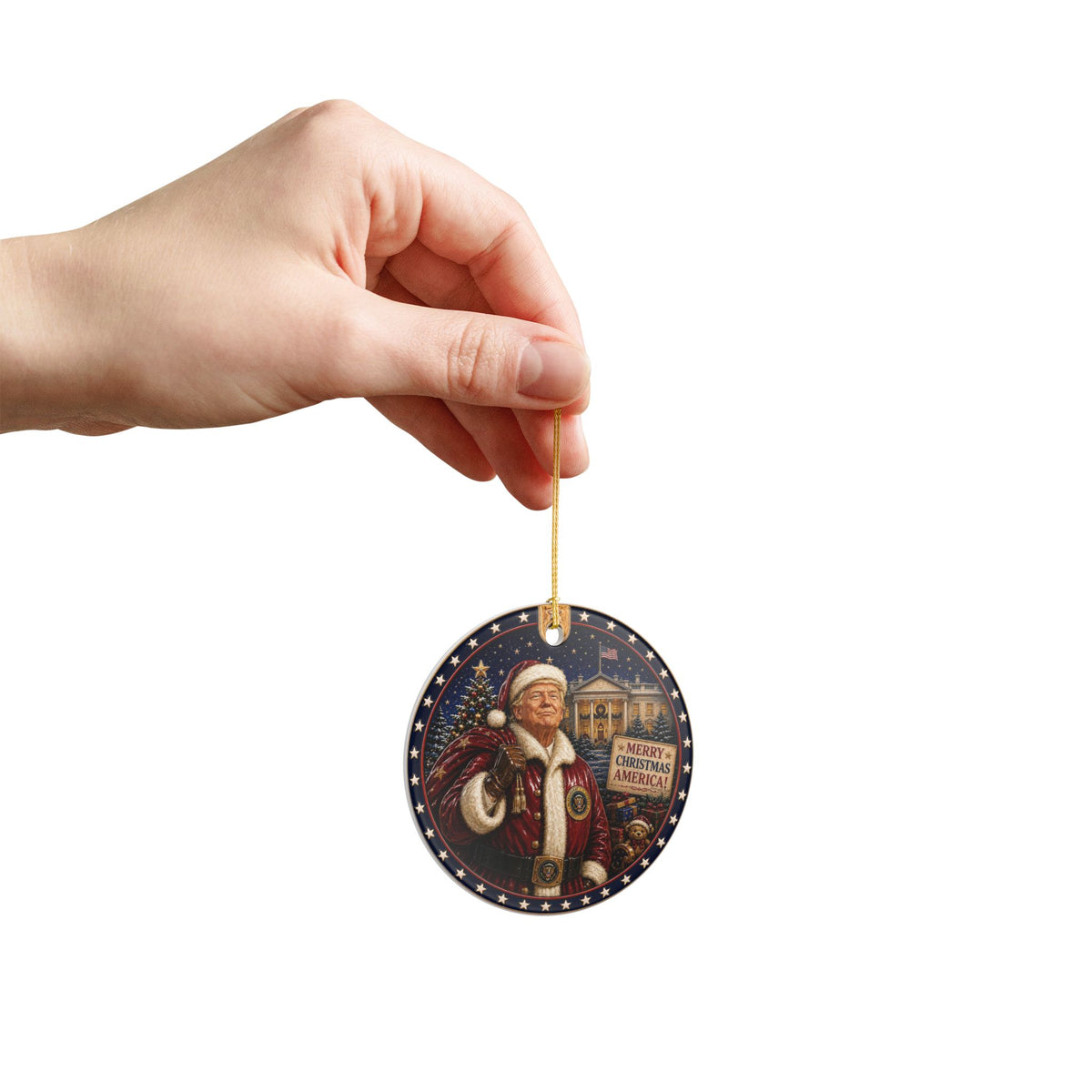 Patriotic Trump Santa Ceramic Ornament — "Merry Christmas America!" Holiday Decoration