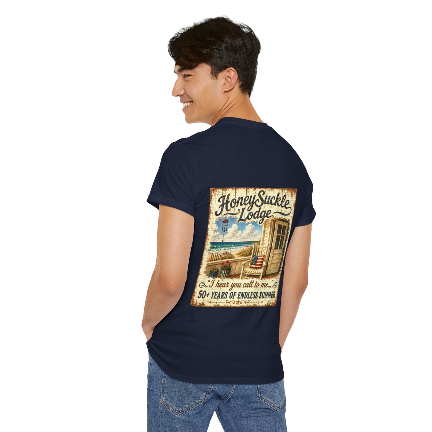 Vintage Beach T‑Shirt — 'Honeysuckle Lodge: 50+ Years of Endless Summer' Retro Seaside Tee