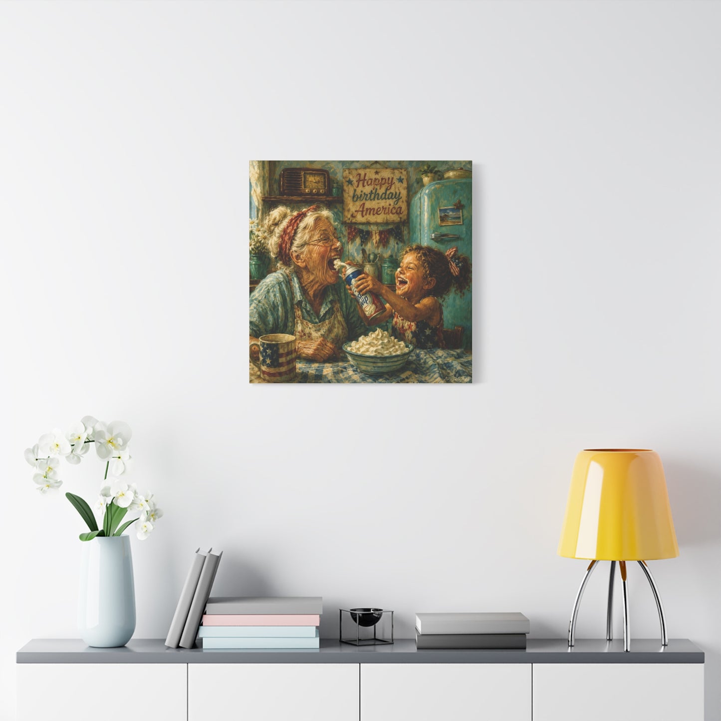 Happy Birthday America Canvas — Patriotic Grandma & Granddaughter Kitchen Wall Art