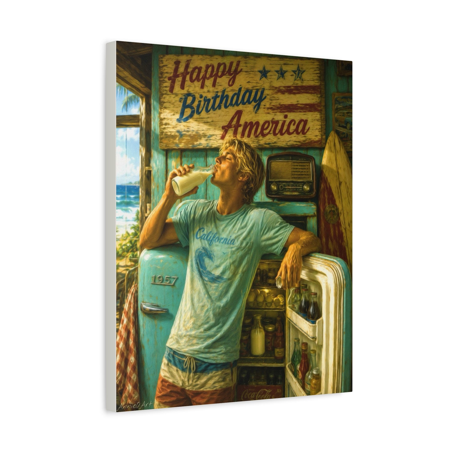 Happy Birthday America Canvas Wall Art — Retro Beach Guy Patriotic Home Decor