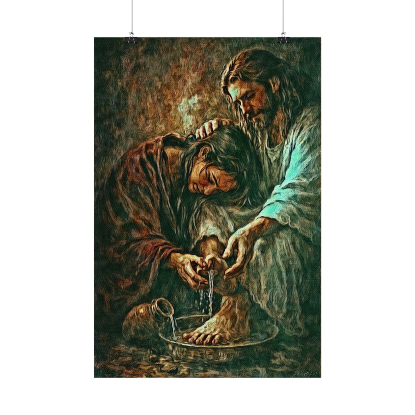 Jesus & Mary Washing Feet Matte Watercolor Poster — Religious Devotional Wall Art