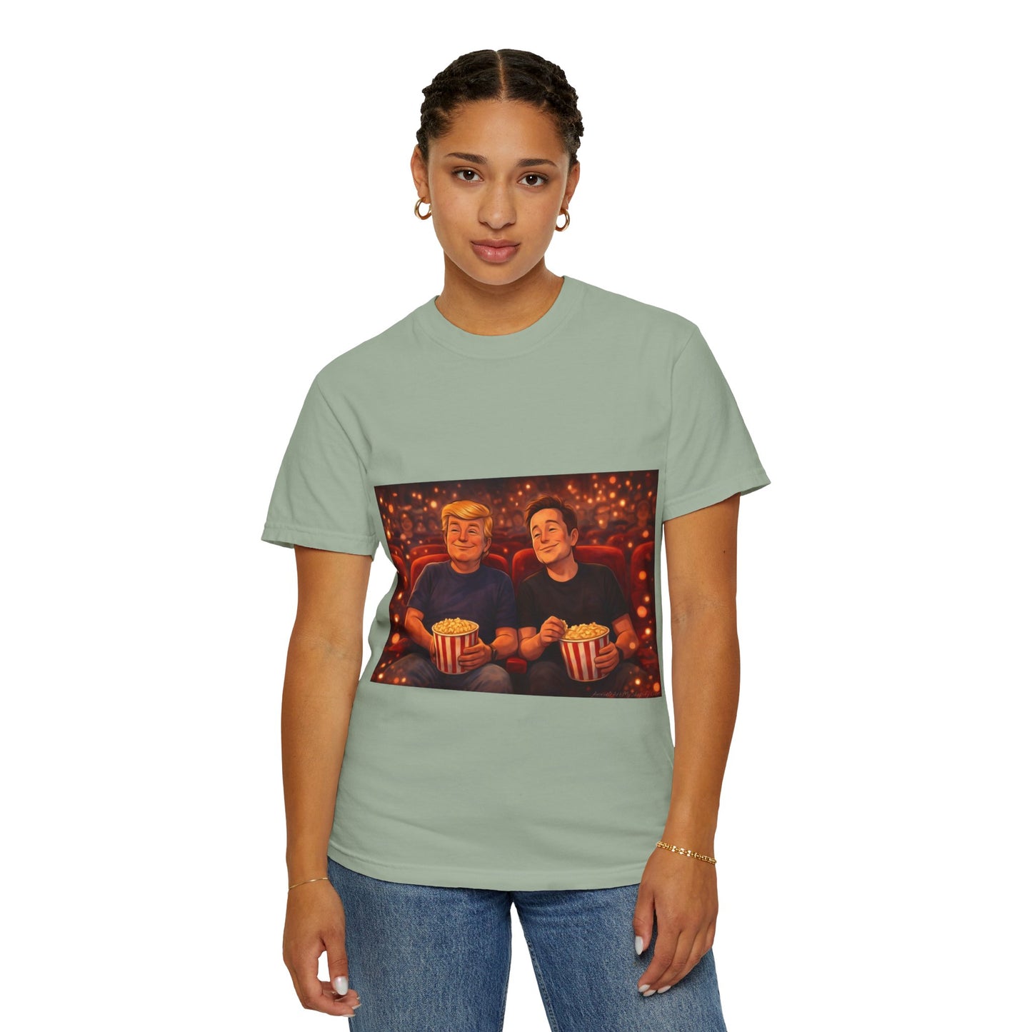 Trump & Elon—Movie Night Popcorn Tee — Cozy Cinematic Graphic T-Shirt