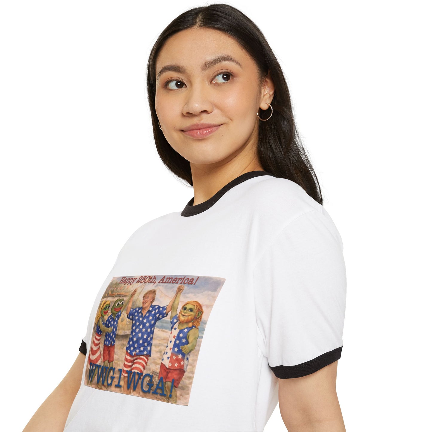 Patriotic Ringer T-Shirt — "Happy 250th, America!" WWG1WGA Graphic