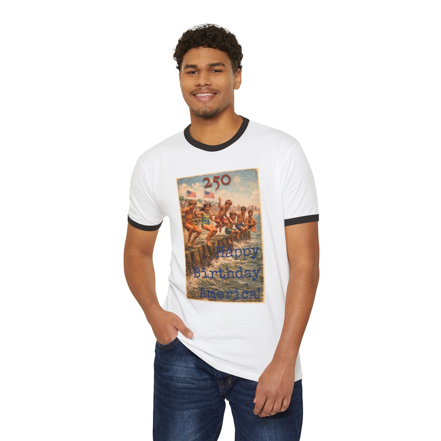 250th Ringer T-Shirt — "Happy Birthday America" Vintage Patriotic Graphic