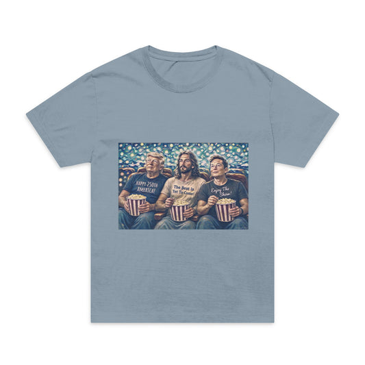 Trump, Jesus & Elon—Vintage Movie Night Tee — 'Popcorn & Bros' Graphic T-Shirt