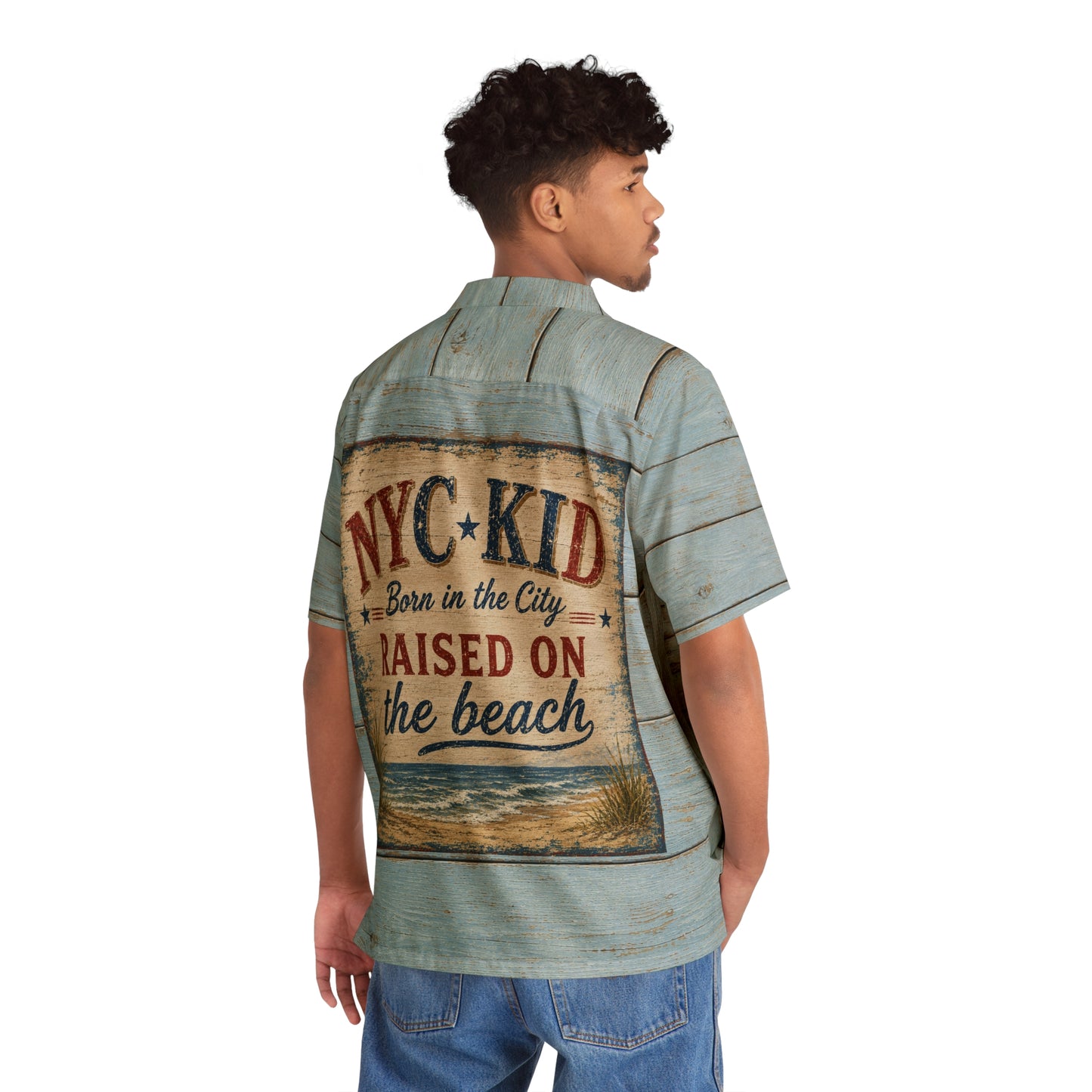 “NYC KID- Born in the City- Raised on the Beach” -Vintage Coastal Wood Plank Hawaiian Shirt