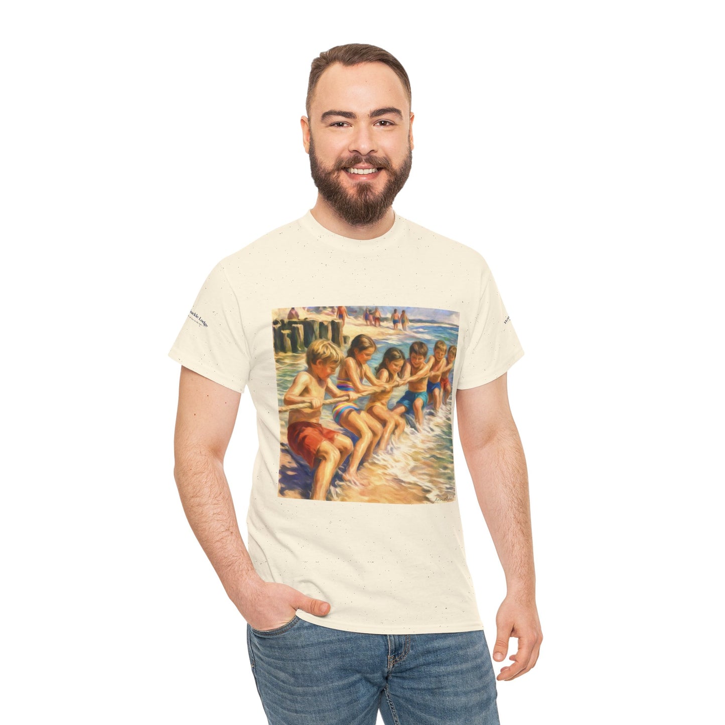 Honeysuckle Lodge Vintage Beach Print tee shirt front/back ("Honeysuckle Lodge - 50+ years of fun in the sun")