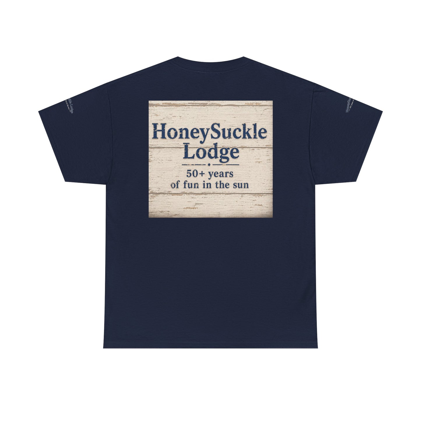 Honeysuckle Lodge Vintage Beach Print tee shirt front/back ("Honeysuckle Lodge - 50+ years of fun in the sun")