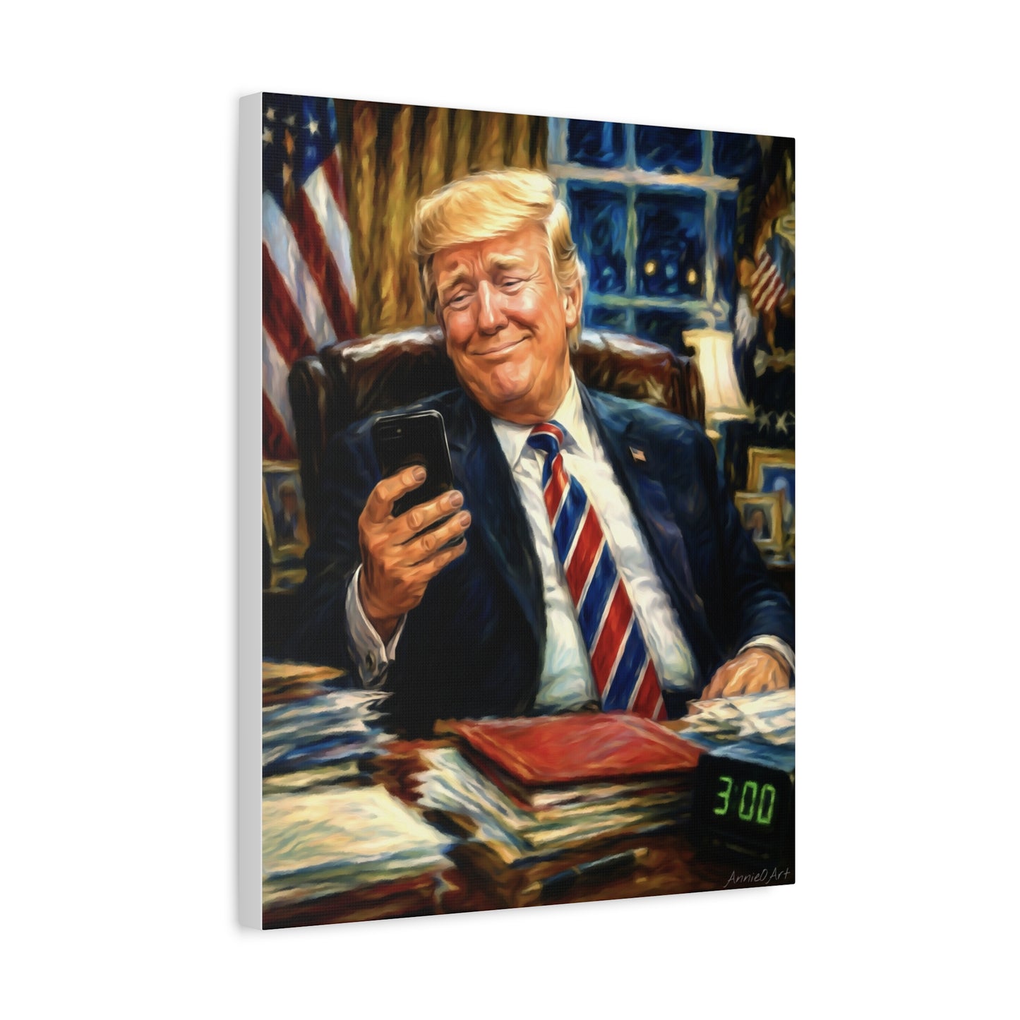 Trump Reading “Keyboard Warrior’ Memes at 3 AM— Patriotic Office Portrait Canvas—
