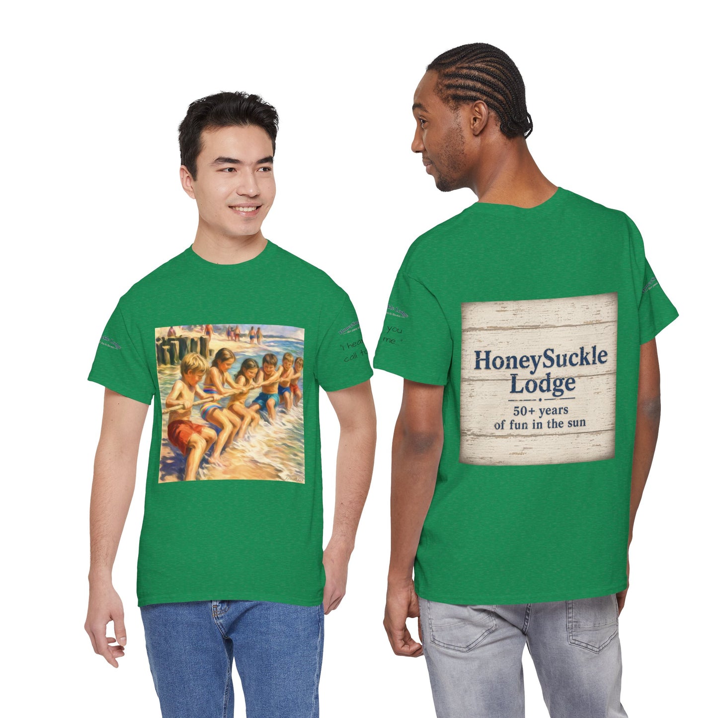 HoneySuckle Lodge Vintage Beach T-Shirt — "50+ years of fun in the sun" Retro Kids on Shore Design