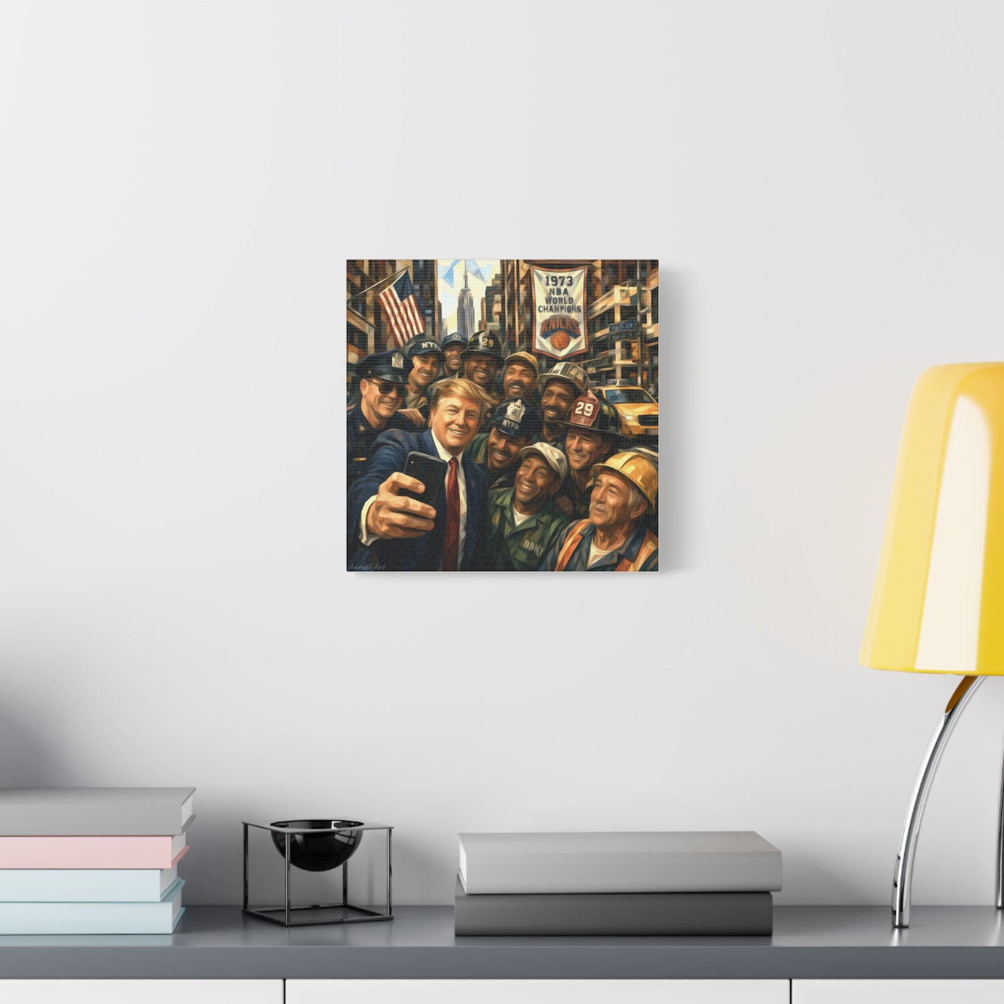 Trump Selfie w/City Workers Canvas Wall Art — Patriotic Urban Selfie Scene