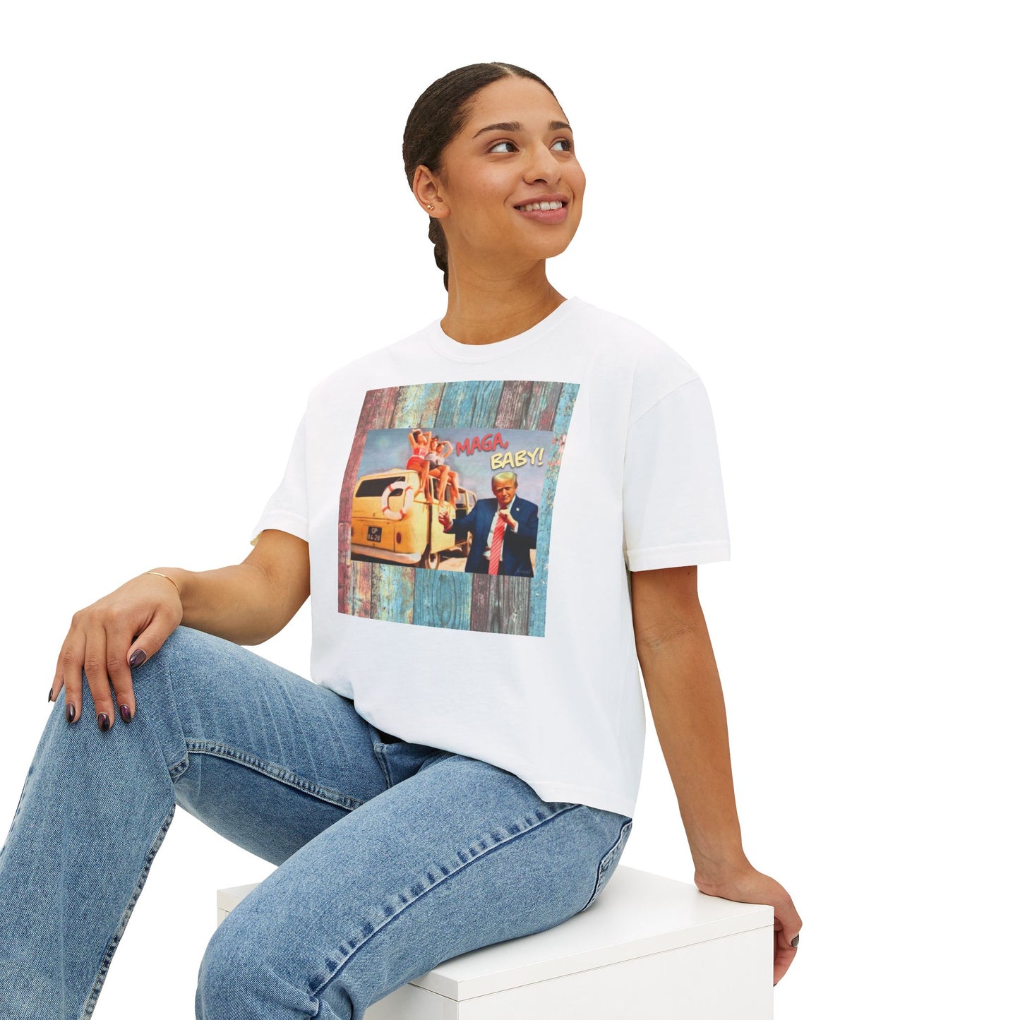 Beach scene w DJT dancing Retro VW van “MAGA, baby!” —Graphic Boxy Tee — Vintage Roadtrip/Rally tee Women's Shirt