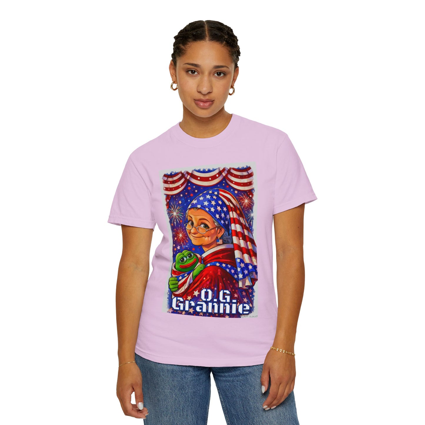 Grandmas Patriotic Original Gansta “OG Grannie” T-Shirt — American Flag Grandma w baby Pepe Graphic Tee