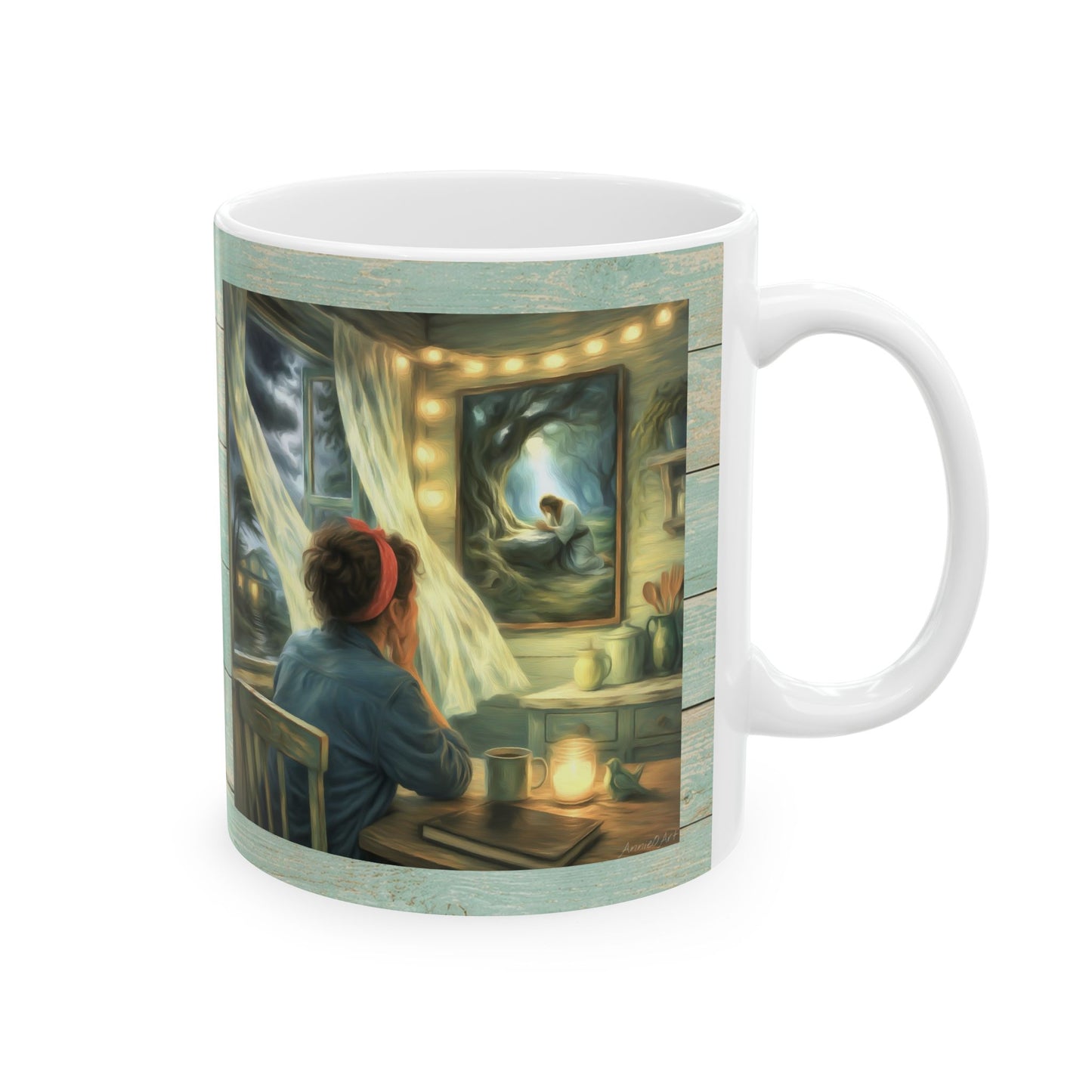 Meditating with Jesus Ceramic Mug — Cottage Nighttime Coffee Cup (11oz)