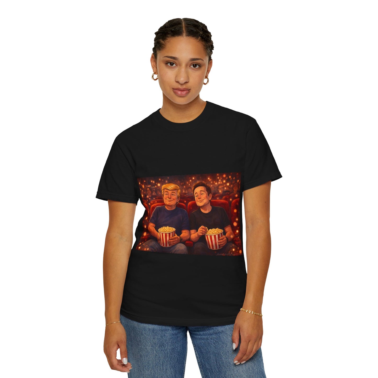 Trump & Elon—Movie Night Popcorn Tee — Cozy Cinematic Graphic T-Shirt