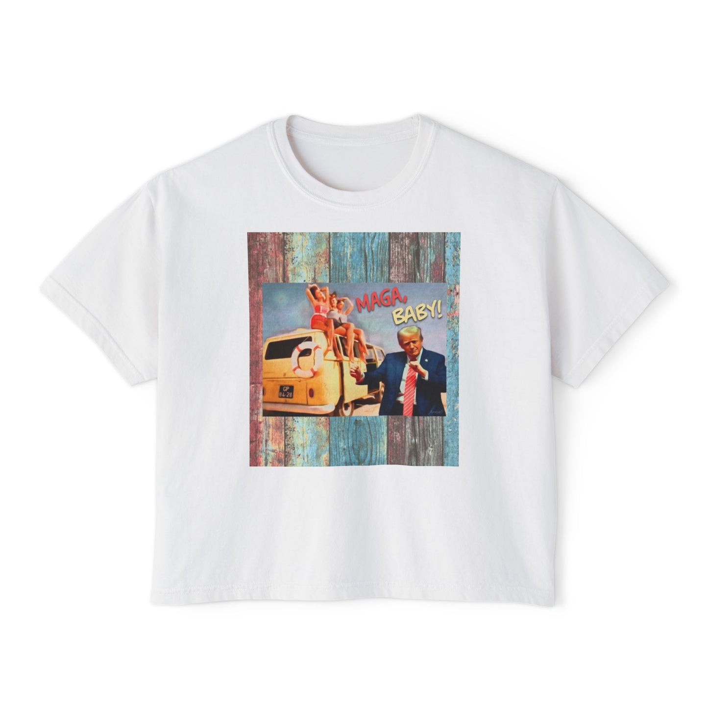 Beach scene w DJT dancing Retro VW van “MAGA, baby!” —Graphic Boxy Tee — Vintage Roadtrip/Rally tee Women's Shirt