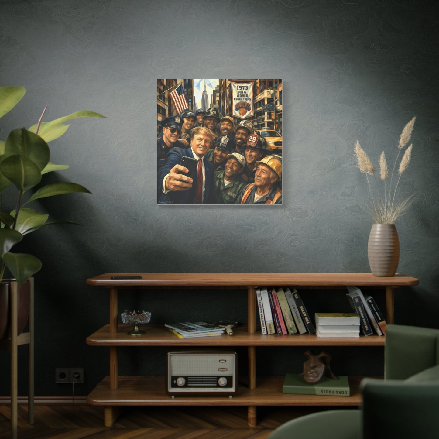 Trump Selfie w/City Workers Canvas Wall Art — Patriotic Urban Selfie Scene