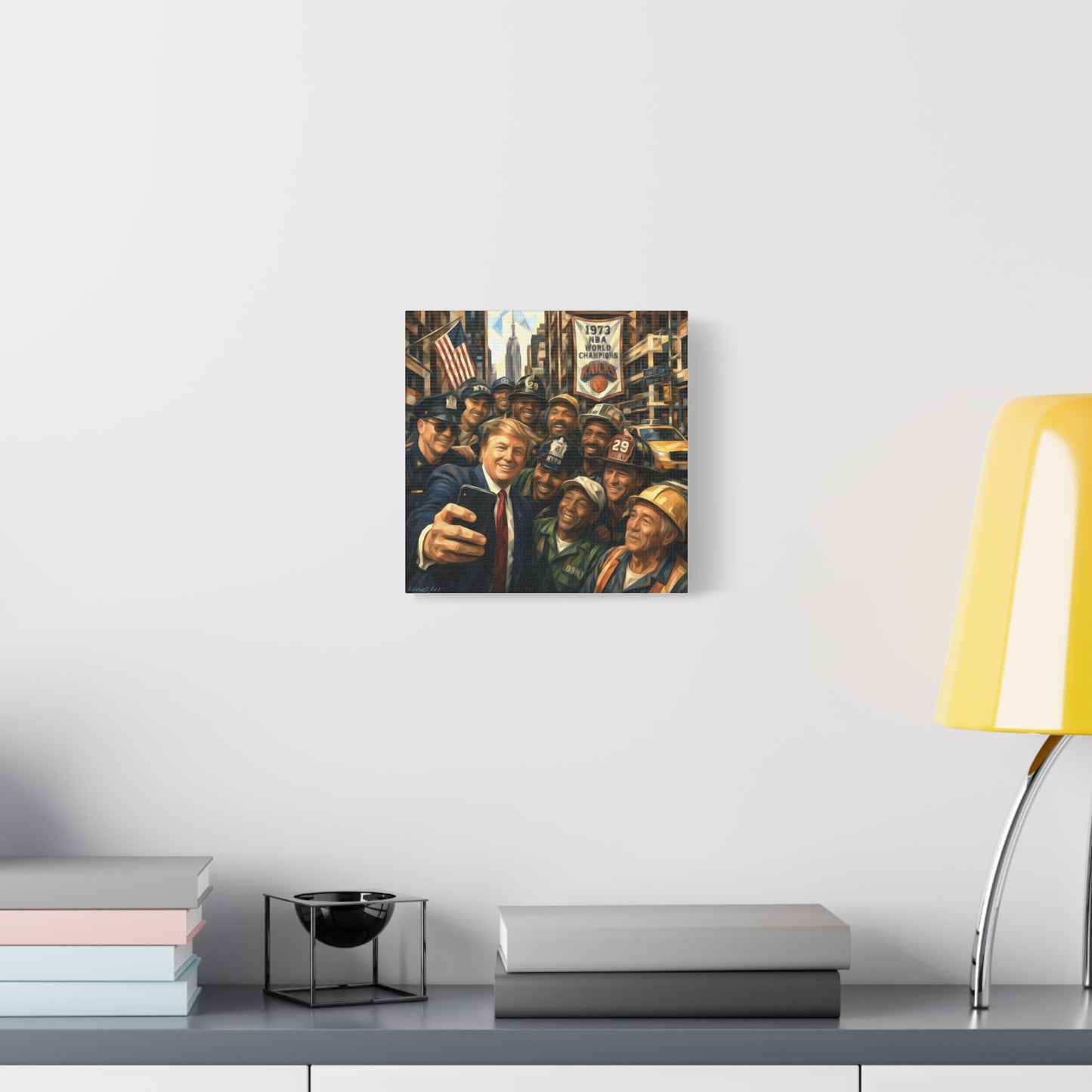 Trump Selfie w/City Workers Canvas Wall Art — Patriotic Urban Selfie Scene