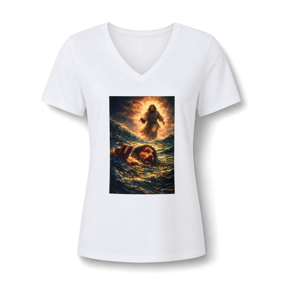 V-Neck Tee -Jesus Saving Peter—Walking on Water Christian Graphic Shirt