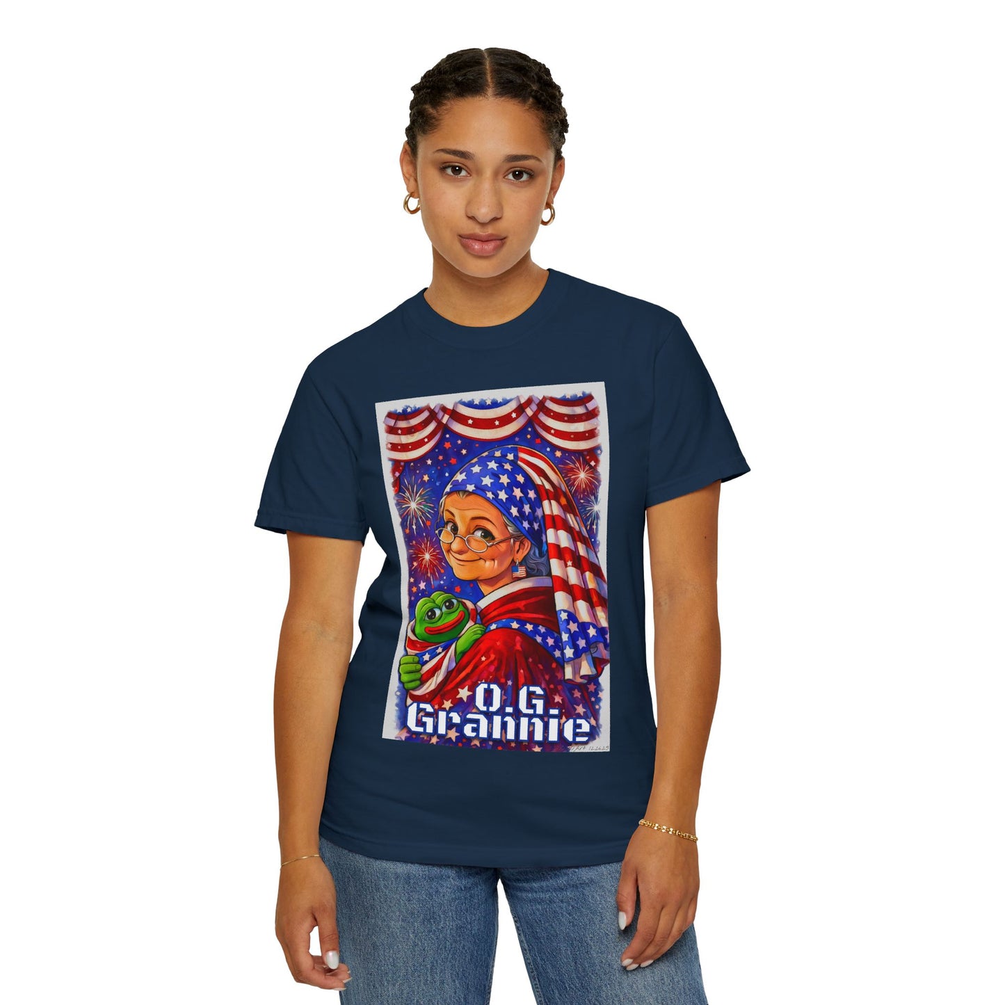 Grandmas Patriotic Original Gansta “OG Grannie” T-Shirt — American Flag Grandma w baby Pepe Graphic Tee