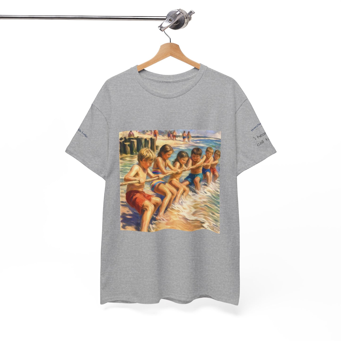 HoneySuckle Lodge Vintage Beach T-Shirt — "50+ years of fun in the sun" Retro Kids on Shore Design